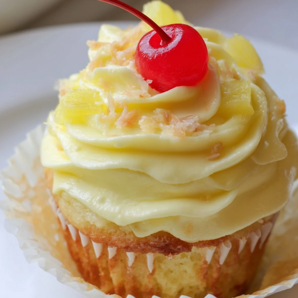 Golden Dole Whip Cupcakes piped with creamy pineapple frosting and a cherry