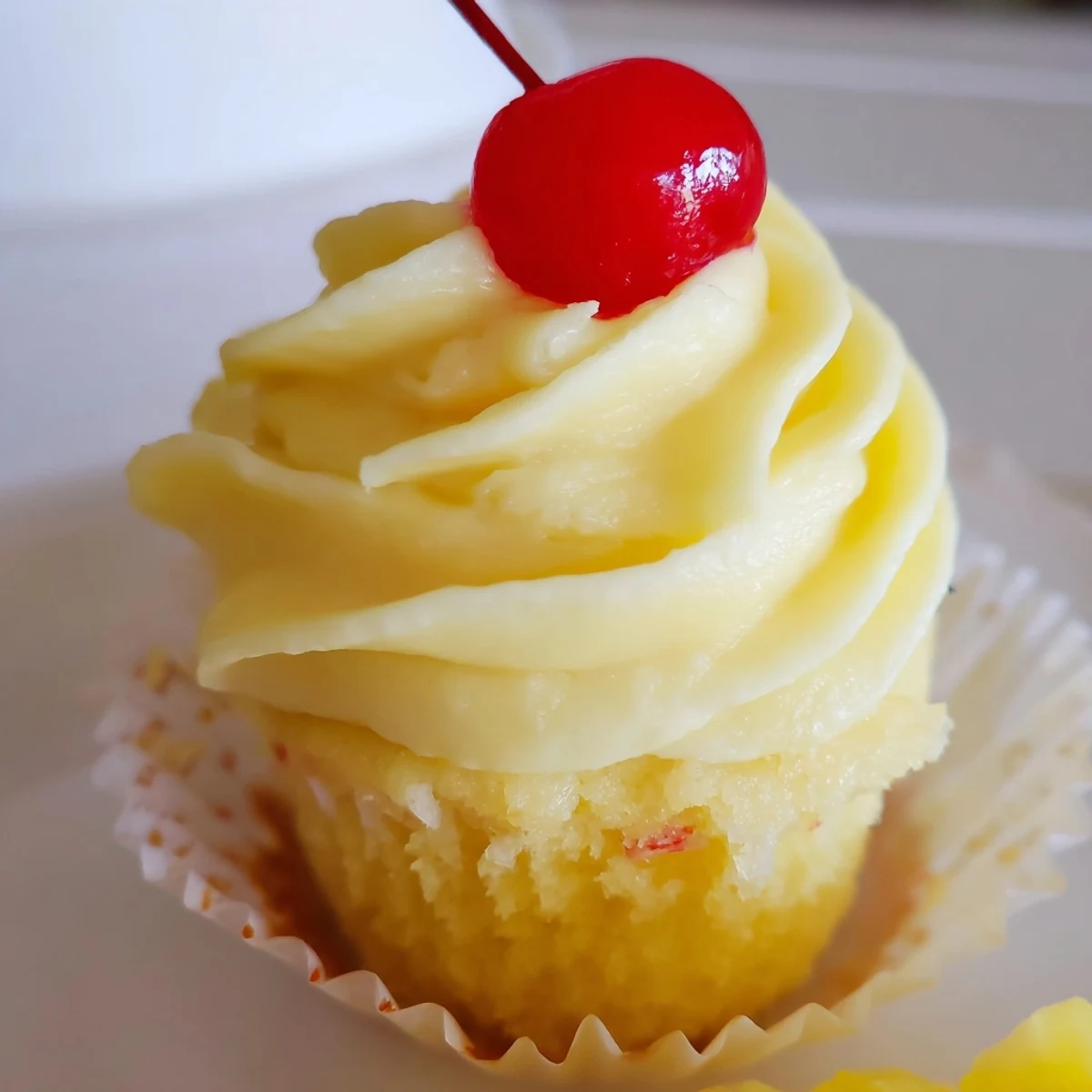 Tropical Dole Whip Cupcakes with tall swirls of light pineapple cream frosting
