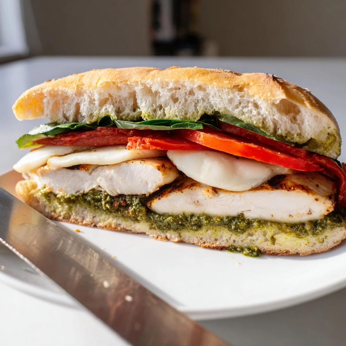 Golden grilled chicken with melted mozzarella on a chicken pesto sandwich recipe