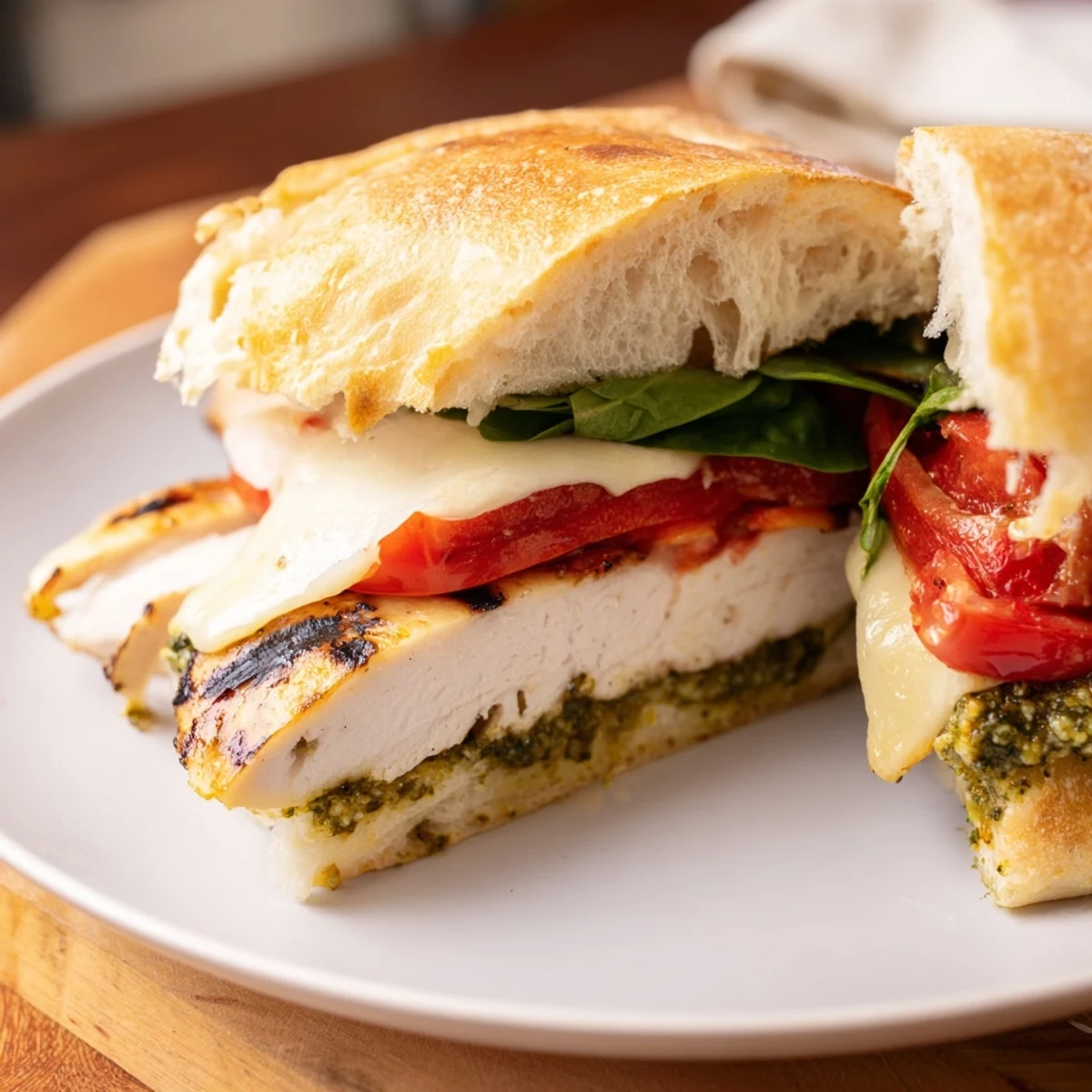 Warm ciabatta layered with juicy chicken in this chicken pesto sandwich recipe