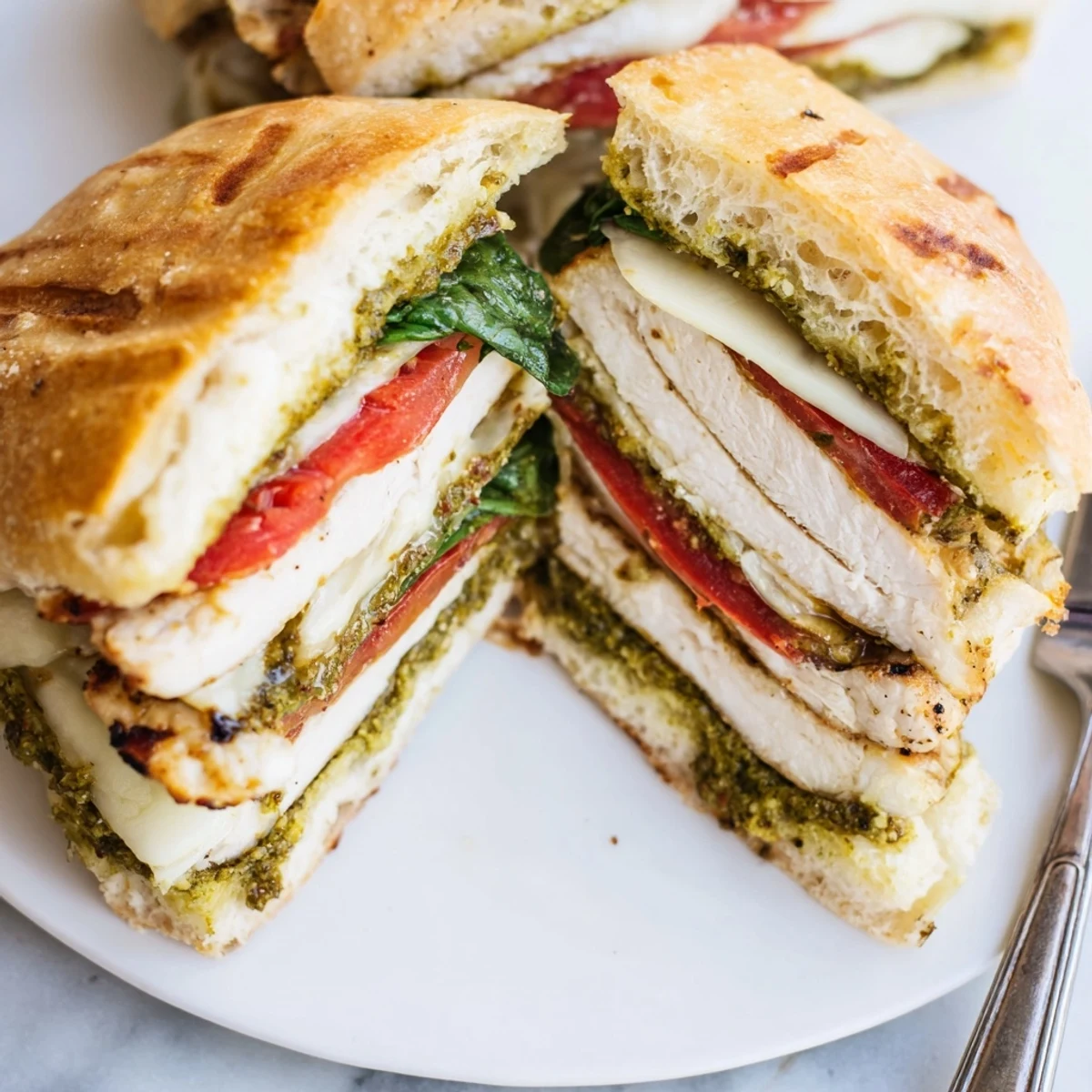 Sliced tomato and fresh basil pesto atop a chicken pesto sandwich recipe