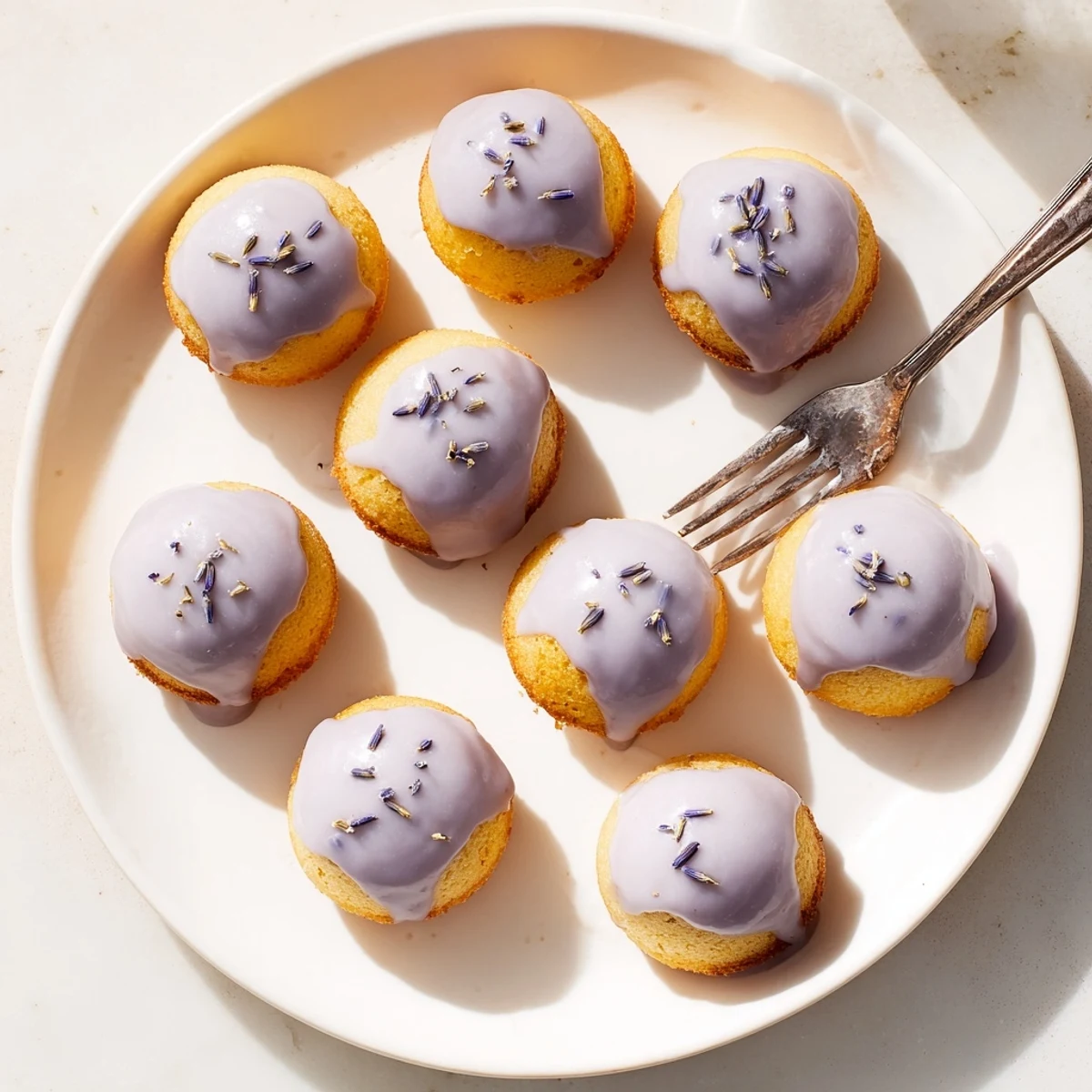 Freshly baked mini lemon cakes with lavender glaze garnished with lemon zest