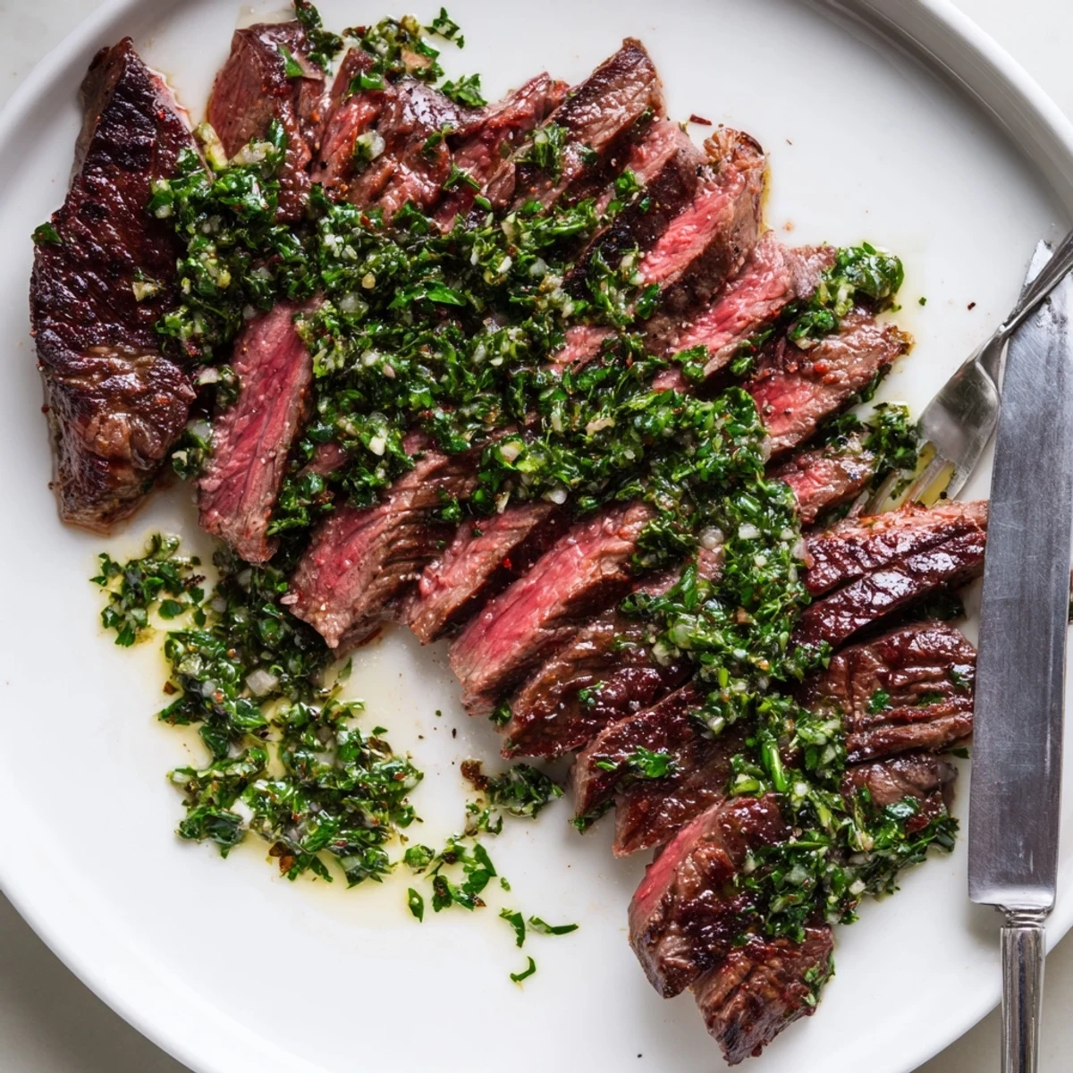 Chimichurri Steak Recipe: sliced grilled ribeye topped with vibrant herby sauce