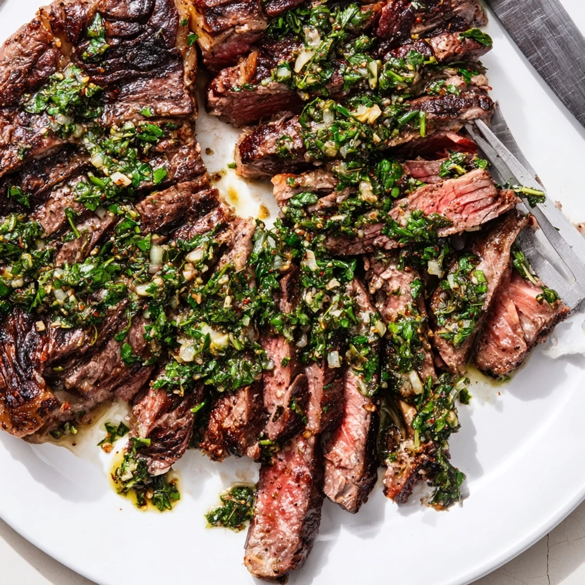 Juicy Chimichurri Steak Recipe resting on cutting board with parsley garnish