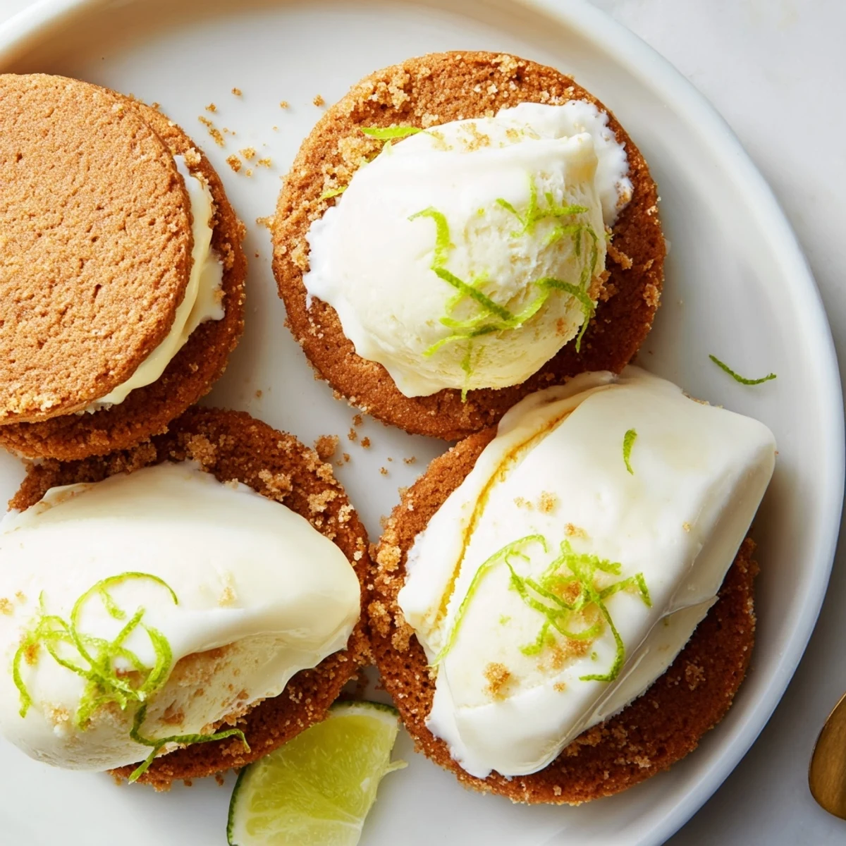 Handheld Key Lime Pie Ice Cream Sandwiches rolled in crushed graham for extra texture