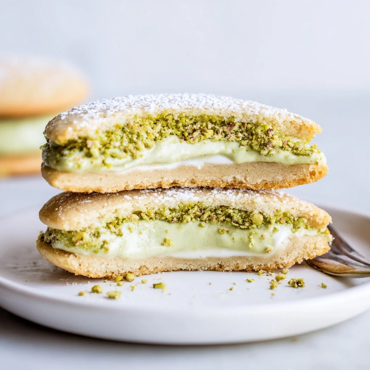 Pistachio Cream Cookies Recipe: buttery sandwich cookies with vibrant green cream filling