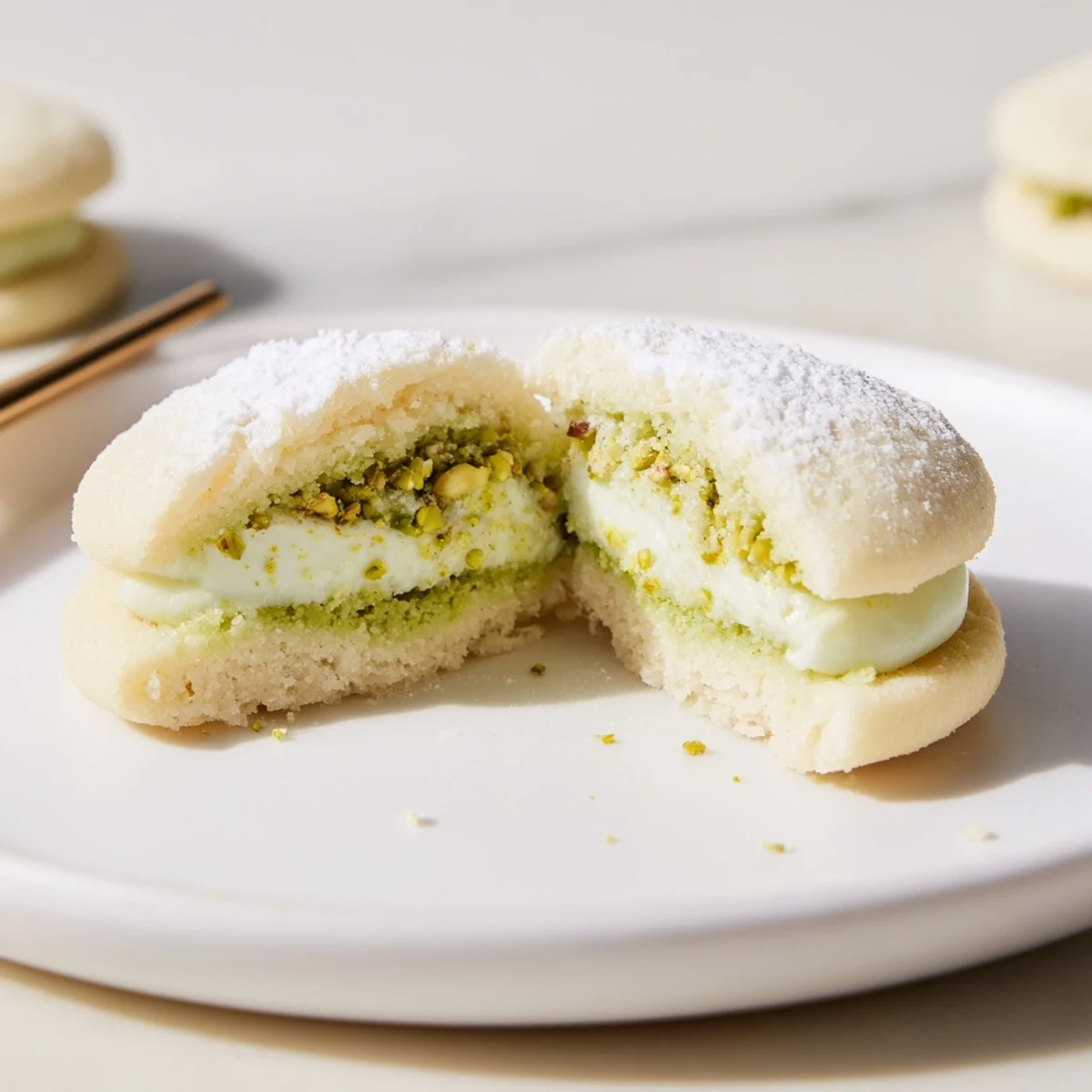 Golden, tender cookies showing Pistachio Cream Cookies Recipe filling and flaky texture