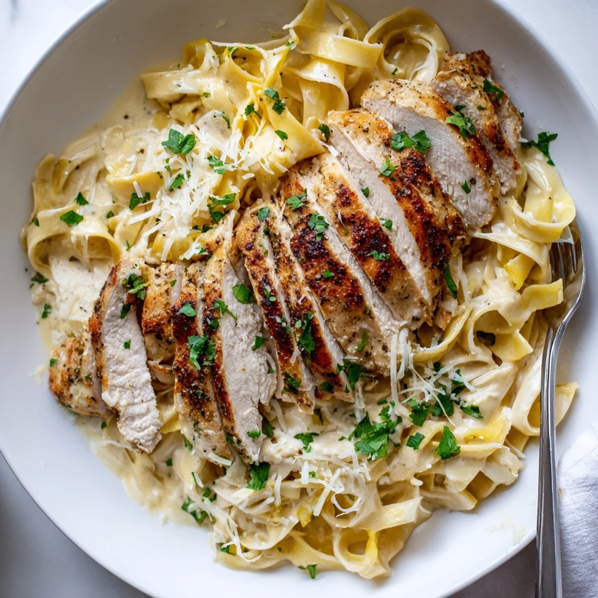 Creamy Garlic Chicken Pasta garnished with parsley and melting Parmesan, steaming