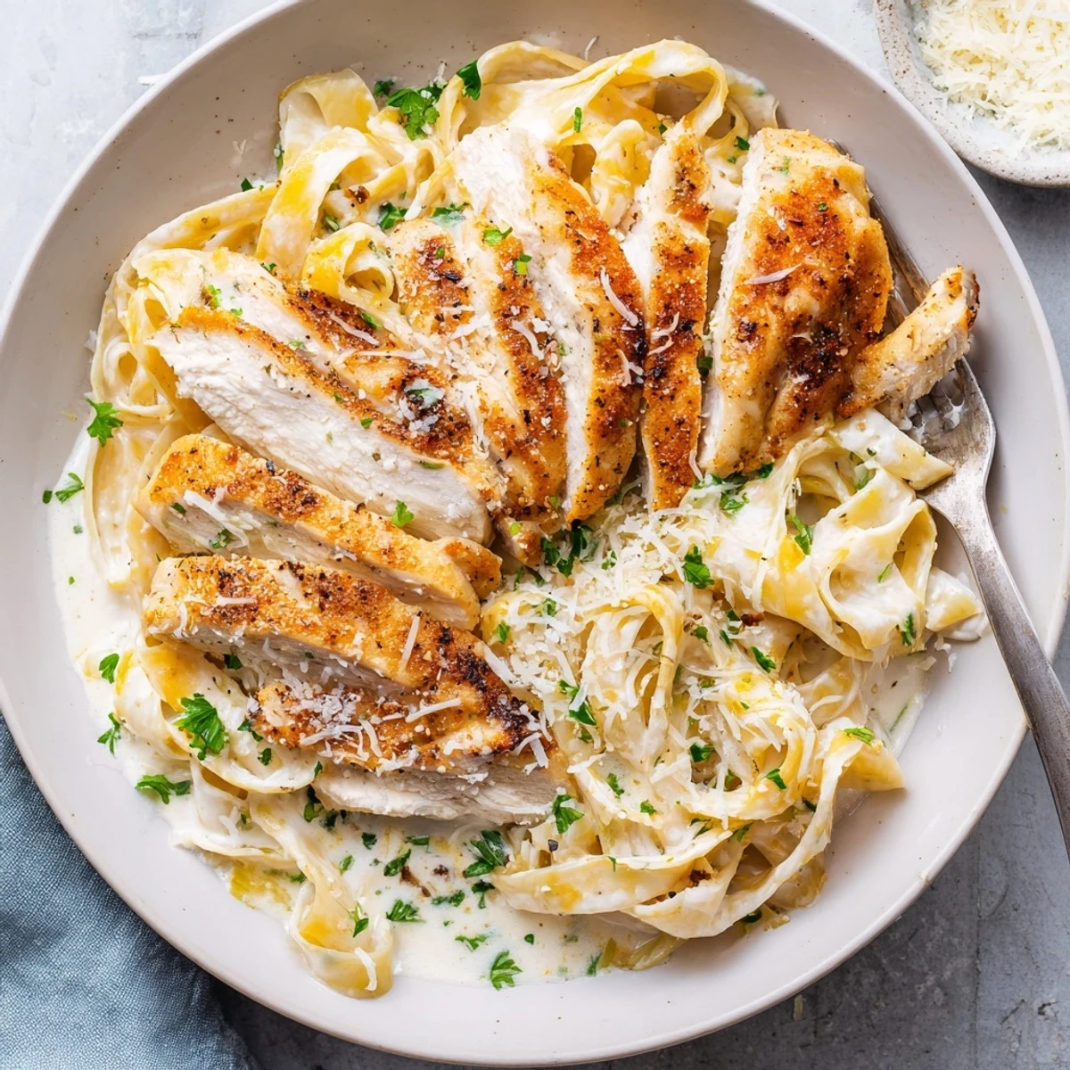 Weeknight Creamy Garlic Chicken Pasta plated with twirled linguine, fragrant garlic aroma