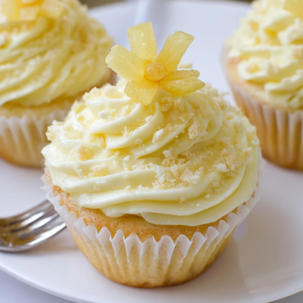 Dole Whip Cupcakes Recipe with fluffy pineapple frosting swirls and tropical garnish
