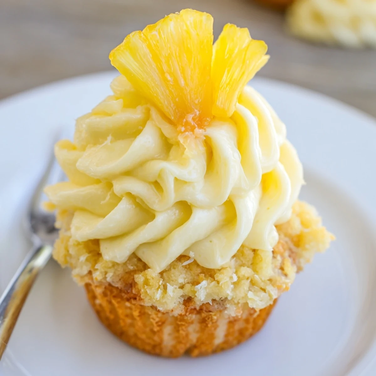 Bright plate of Dole Whip Cupcakes Recipe topped with cherry and dried pineapple