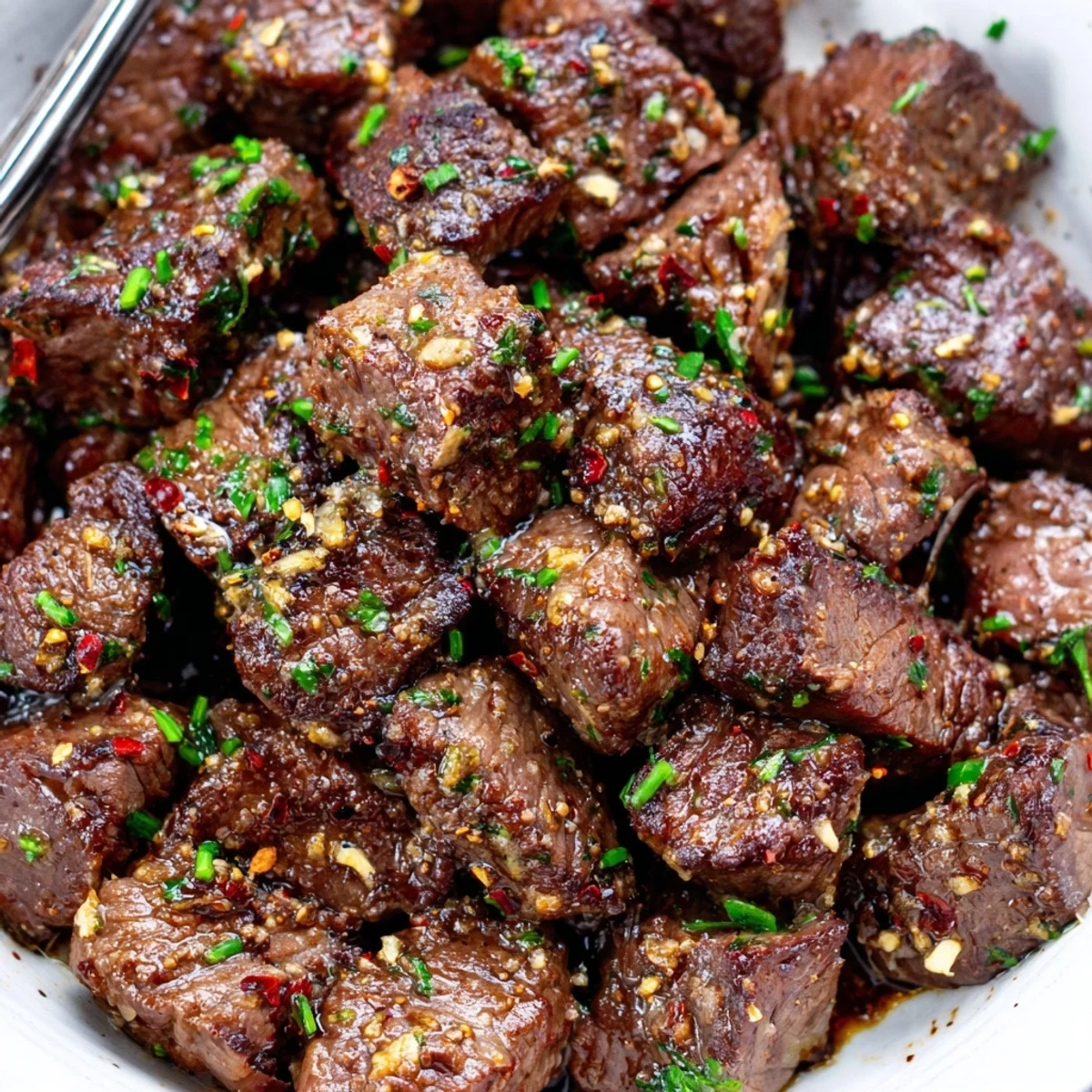 Glossy Cowboy Butter Steak Bites piled on a skillet, garlic herb flecks  