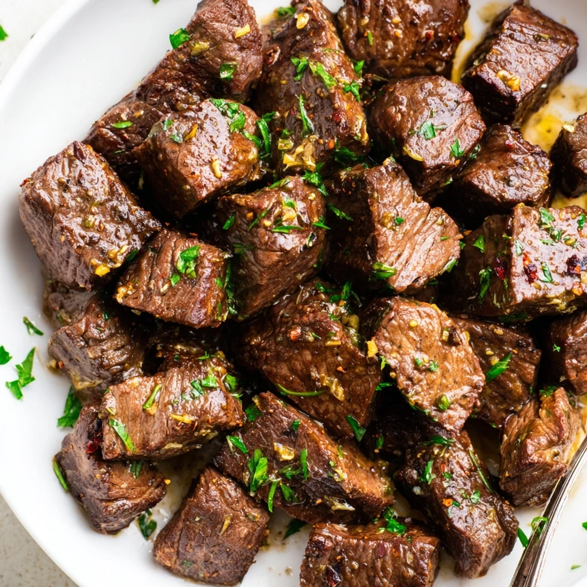 Plate Cowboy Butter Steak Bites over greens, buttery sauce glistening