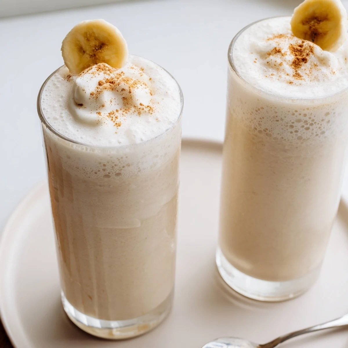 Creamy Vanilla Banana Shake in chilled glass, frothy top and banana slice