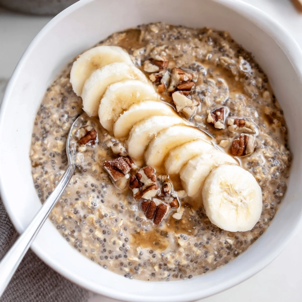 Creamy Brown Sugar Coffee Overnight Oats topped with sliced banana and nuts