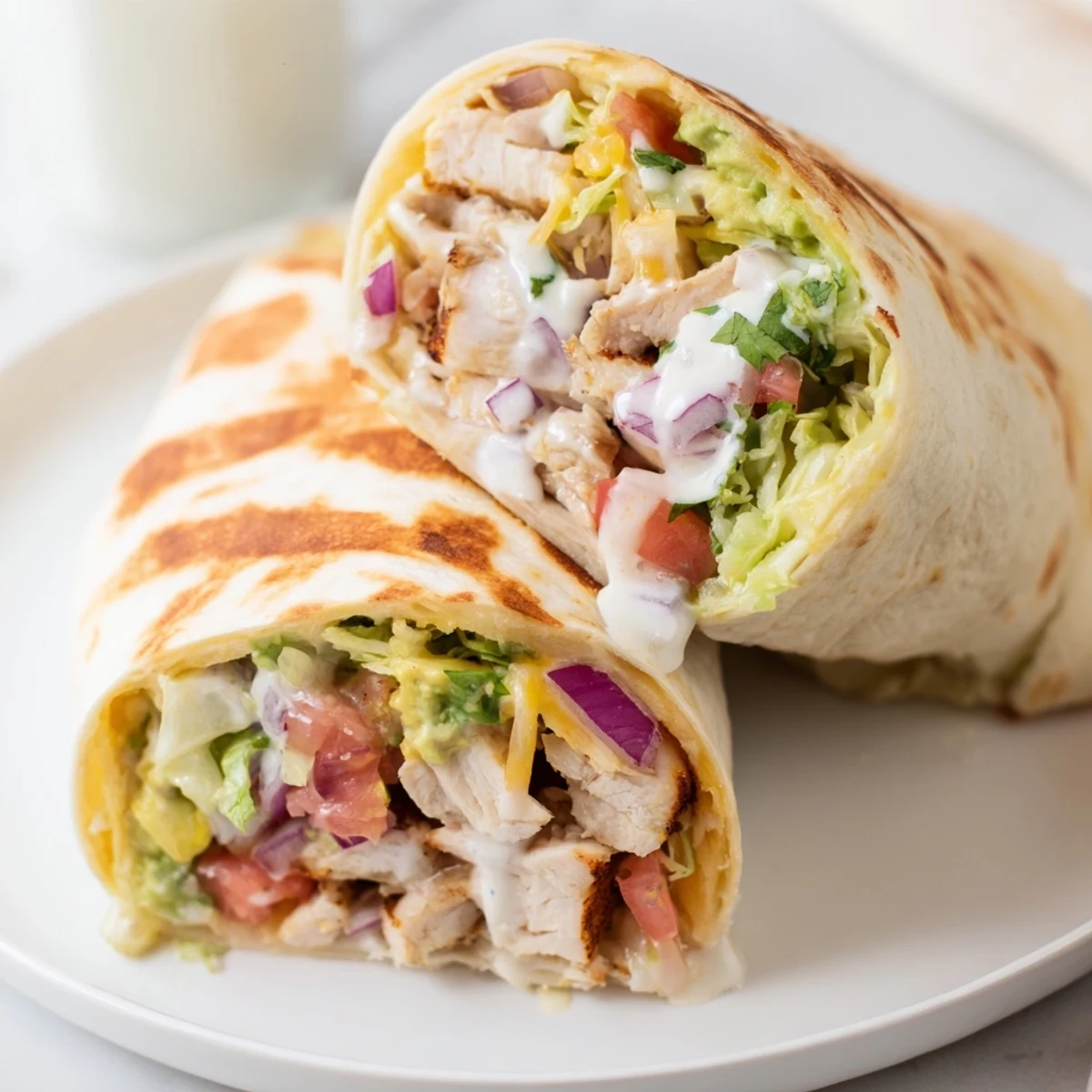 Close up Chicken Avocado Ranch Burritos oozing melted cheese, crisp lettuce, zesty ranch