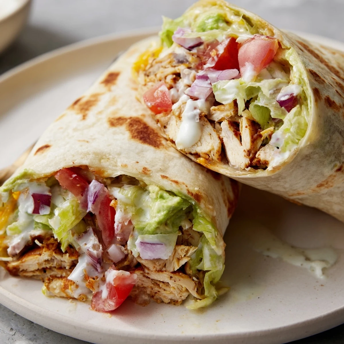 Sliced Chicken Avocado Ranch Burritos with warm tortilla and creamy avocado filling