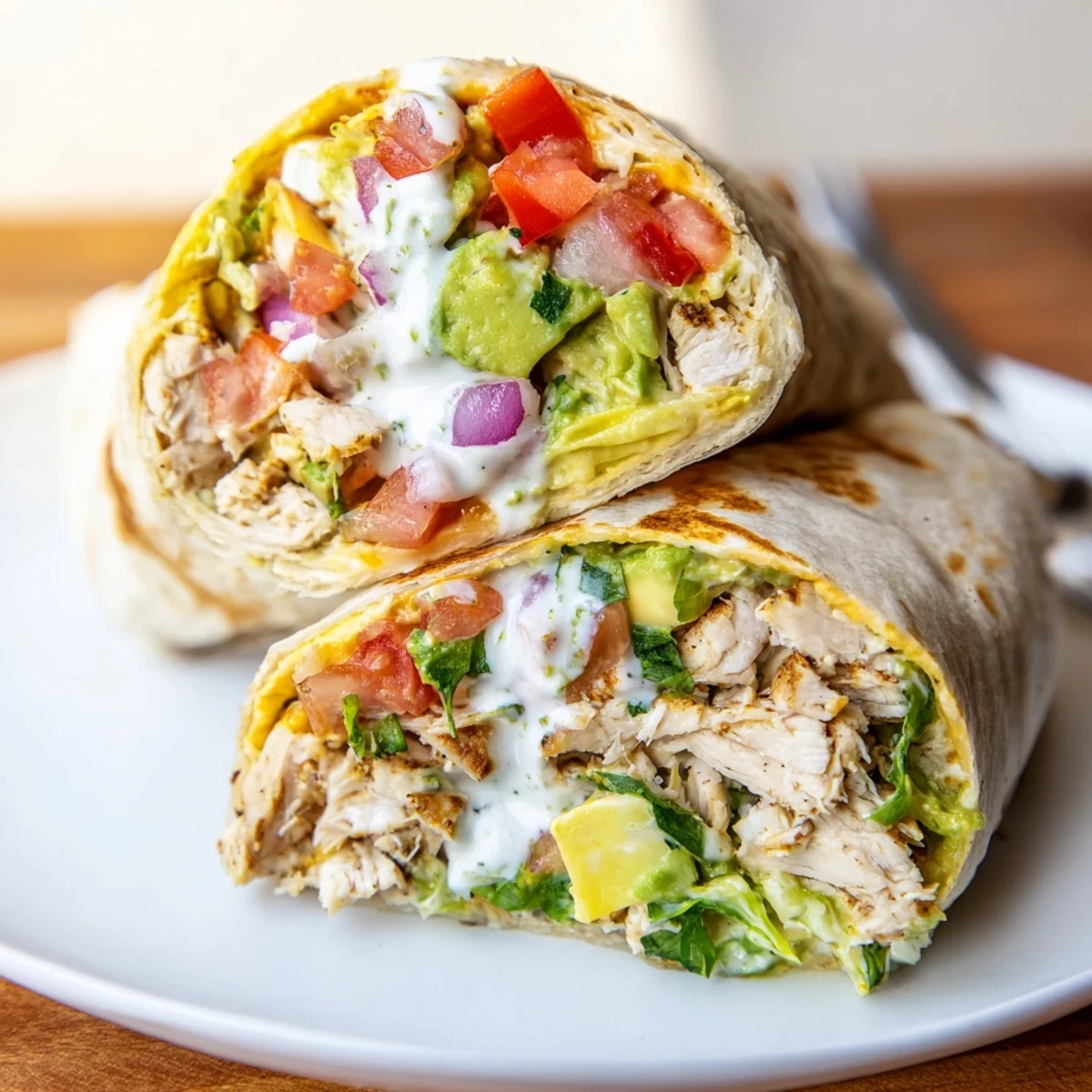 Family style Chicken Avocado Ranch Burritos halved on plate, ready for quick weeknight dinner
