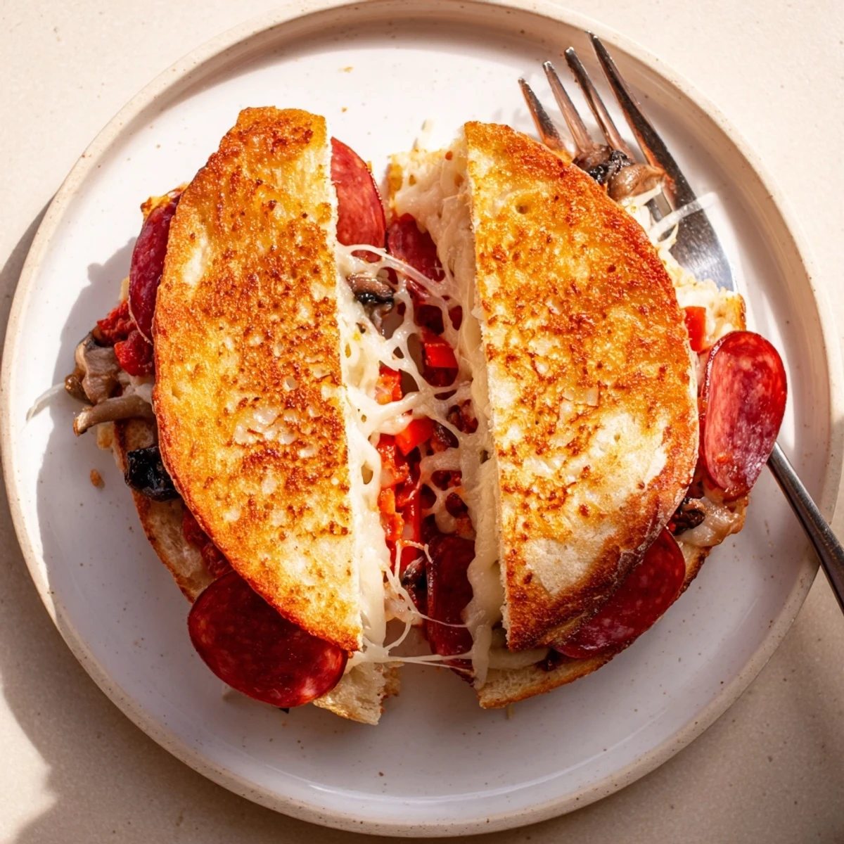 Golden, bubbly Pie Iron Pizza Pockets straight from the campfire, cheese oozing