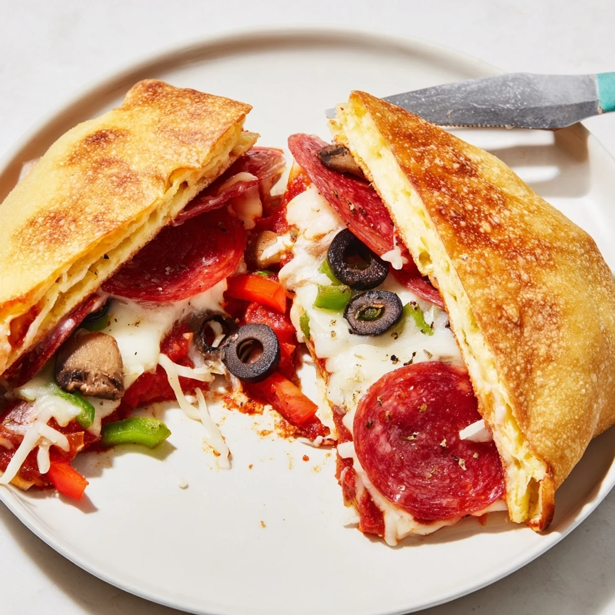 Campfire ready Pie Iron Pizza Pockets served hot with lemonade and green salad