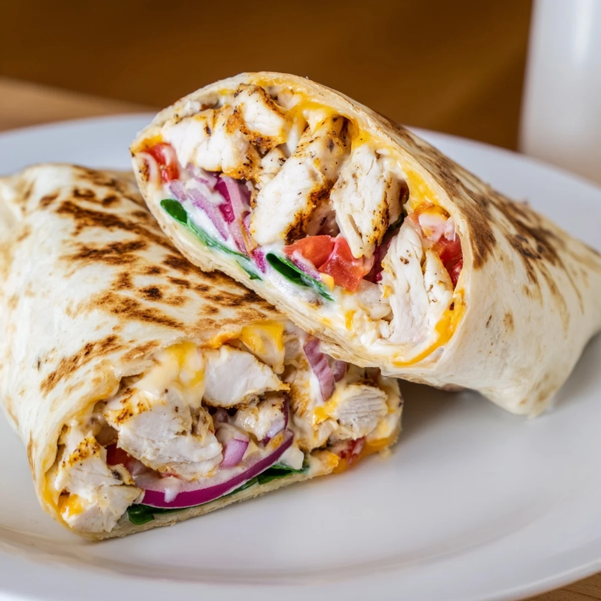 Cozy Cheesy Garlic Chicken Wraps sliced, steam rising, gooey cheese oozing.