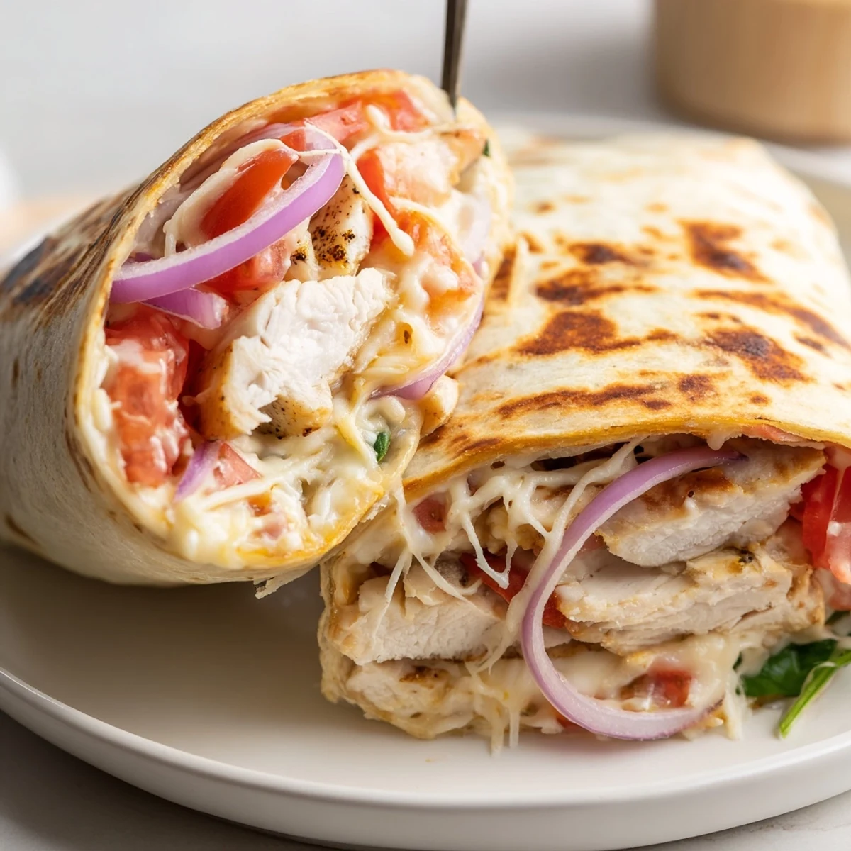 Serve Cozy Cheesy Garlic Chicken Wraps hot with crisp spinach and tomato.