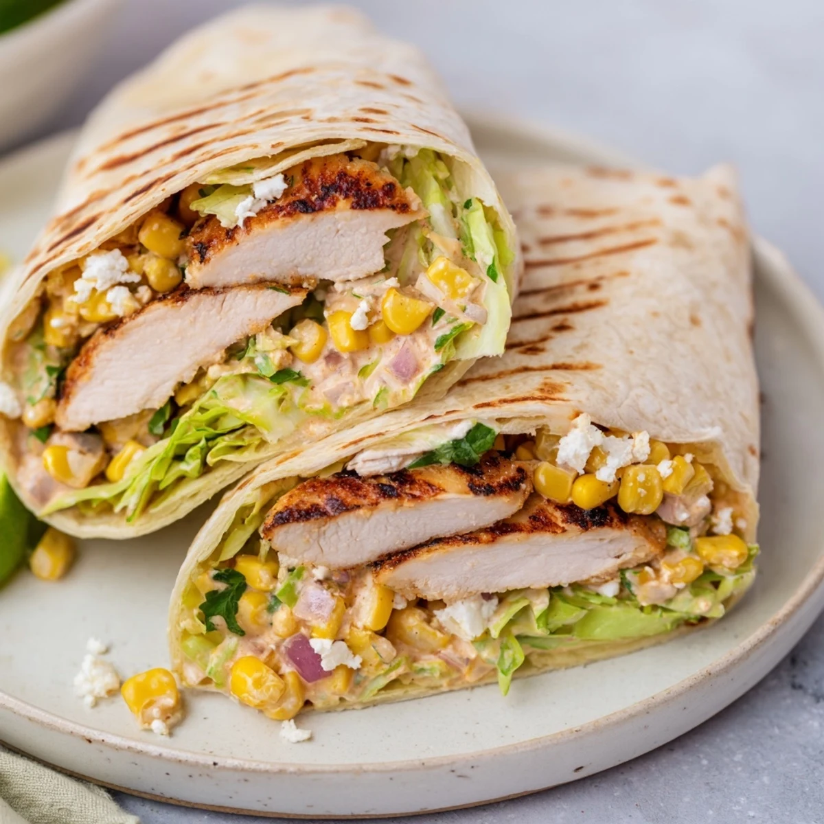Quick Mexican Street Corn Chicken Wraps with charred corn, creamy Cotija, lime