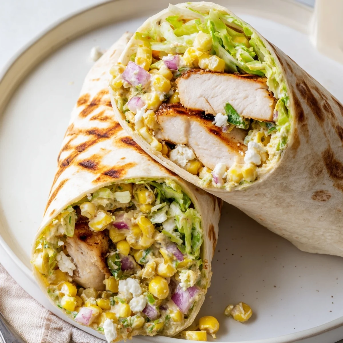 Grilled tortillas hugging Quick Mexican Street Corn Chicken Wraps, showing juicy sliced chicken