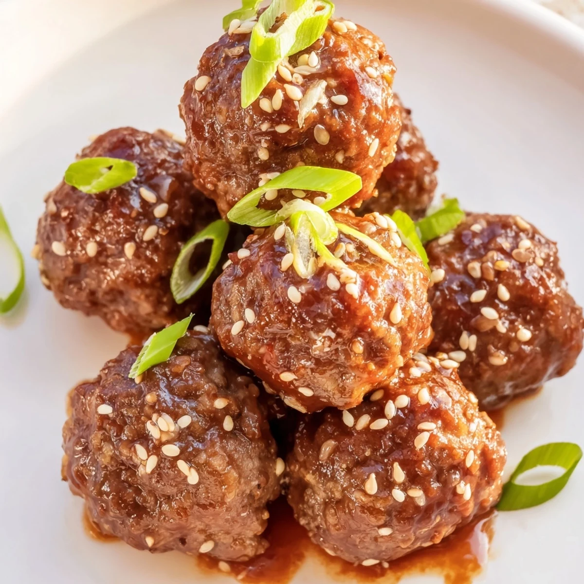 Firecracker Meatballs glistening in sticky red sauce, sesame and scallions for brightness