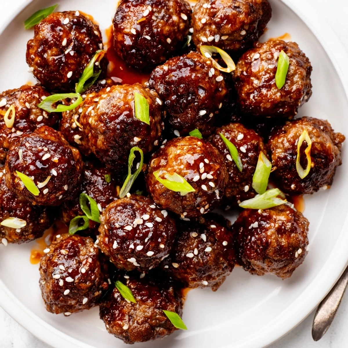 Spicy Firecracker Meatballs piled on steamed rice, hint of honey glaze
