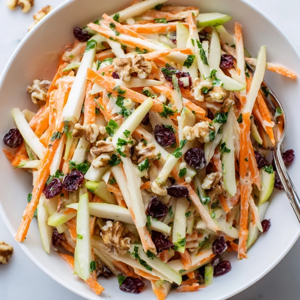 Crunchy Apple Carrot Salad With Creamy Citrus Dressing bowl, vibrant colors and raisin sweetness