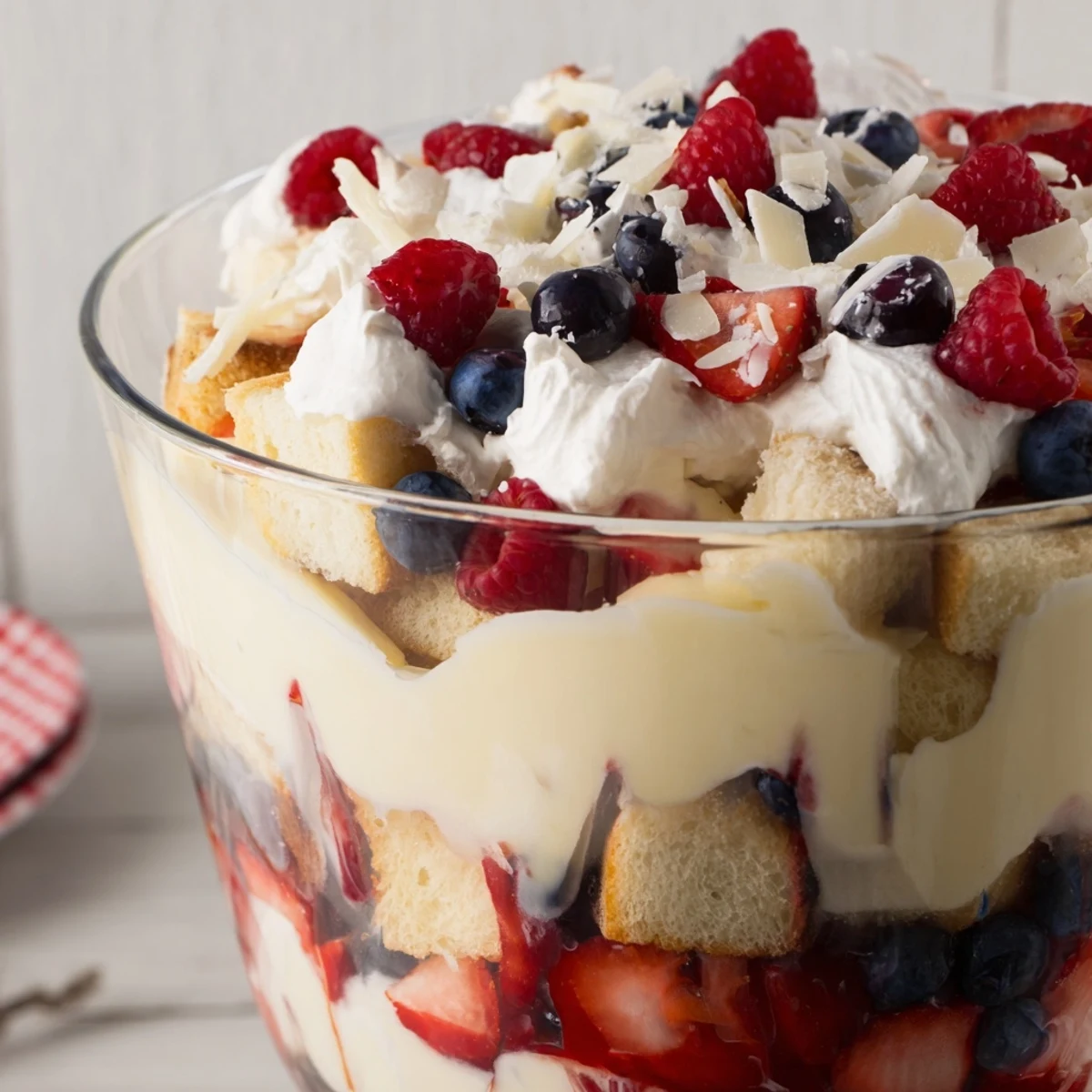 Layered pound cake and pudding in Red White And Blue Trifle, creamy berries.