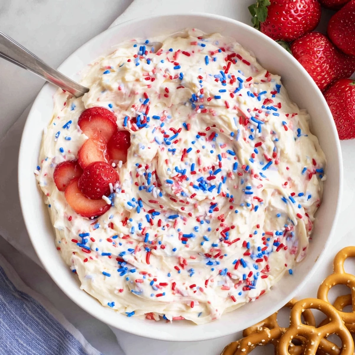 Silky sweet Red White And Blue Funfetti Dip flecked with patriotic sprinkles
