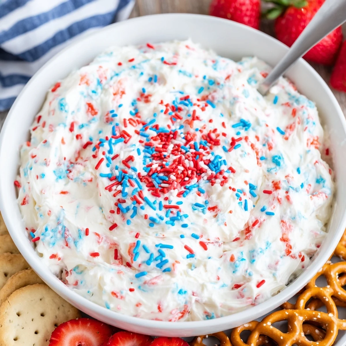 Creamy Red White And Blue Funfetti Dip, fluffy vanilla flavor perfect for picnics