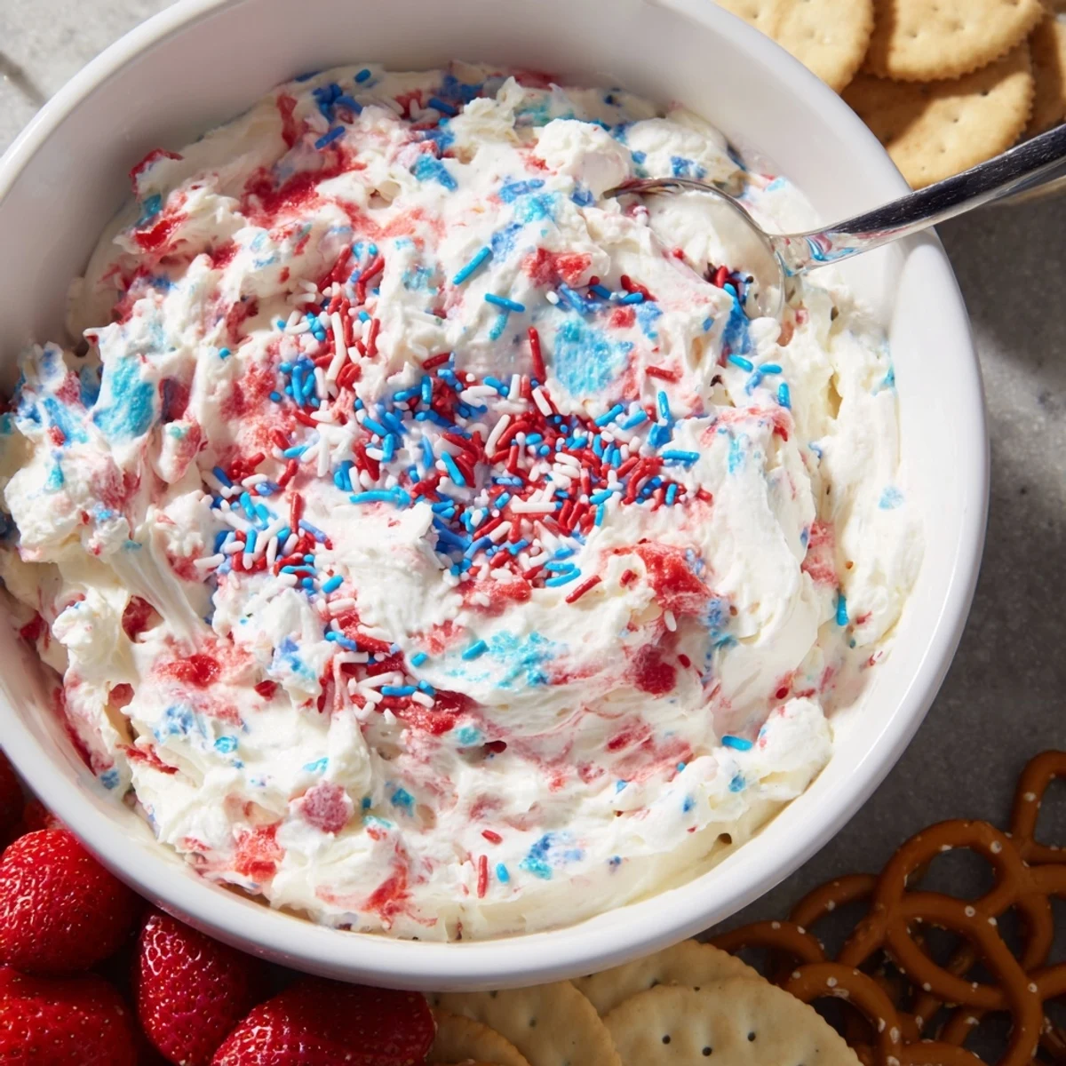 Serve Red White And Blue Funfetti Dip chilled with vanilla wafers and strawberries