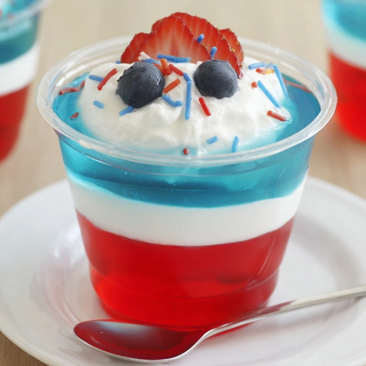 Clear cups reveal glossy layers and bright colors — Red White And Blue Jello Cups.