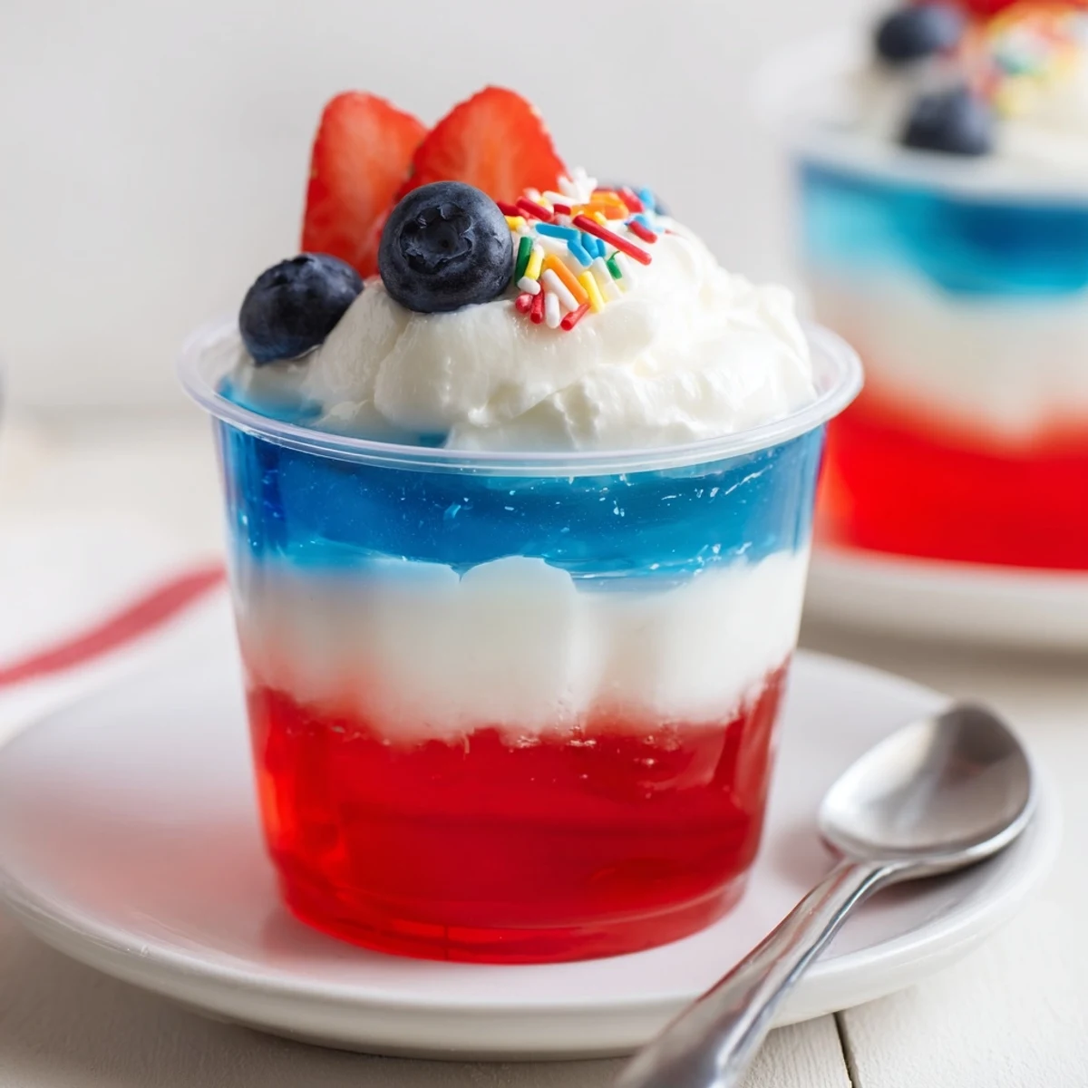 Chilled with whipped topping and berries, Red White And Blue Jello Cups await serving.