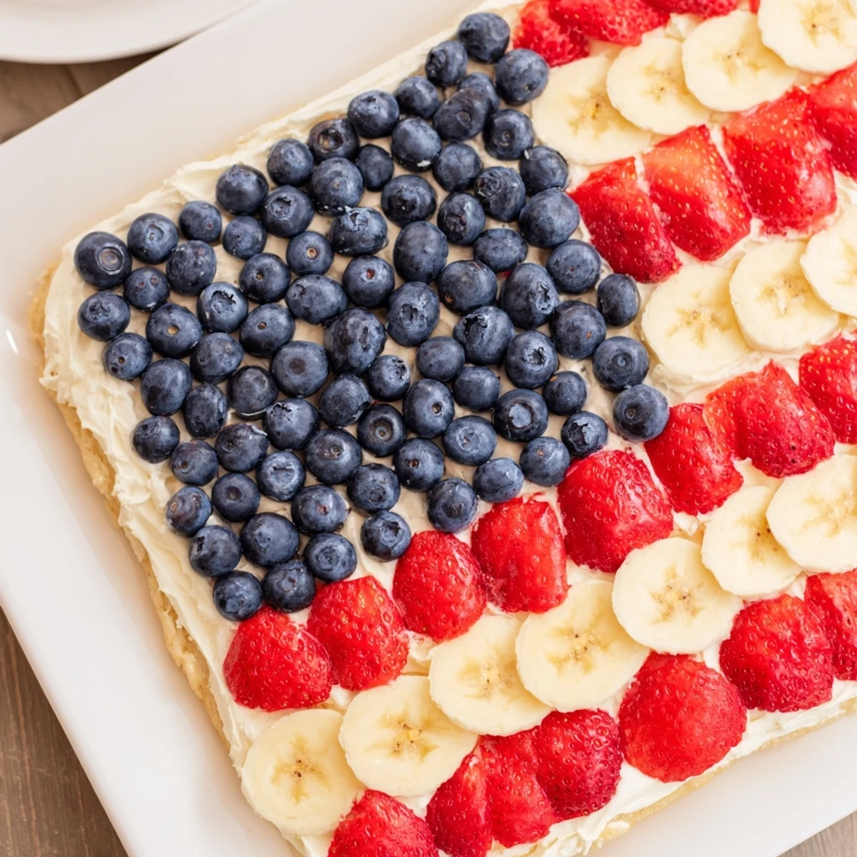 Patriotic American Flag Fruit Pizza served chilled for summer parties, berry-sweet