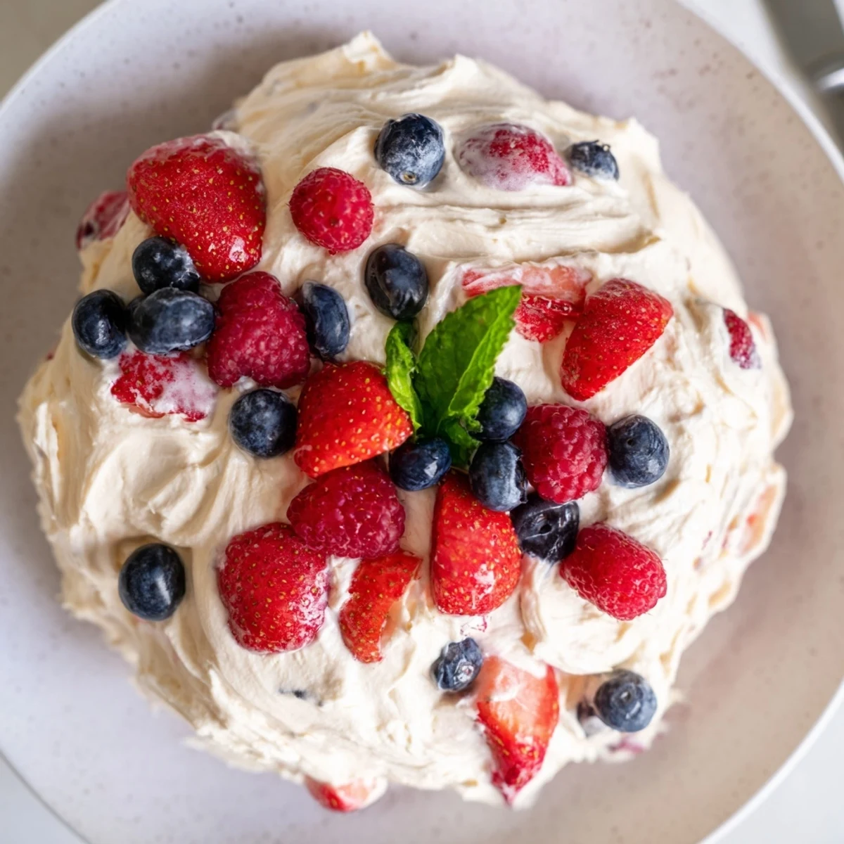 Red White Blue Cheesecake Salad creamy chilled parfait topped with fresh mint  