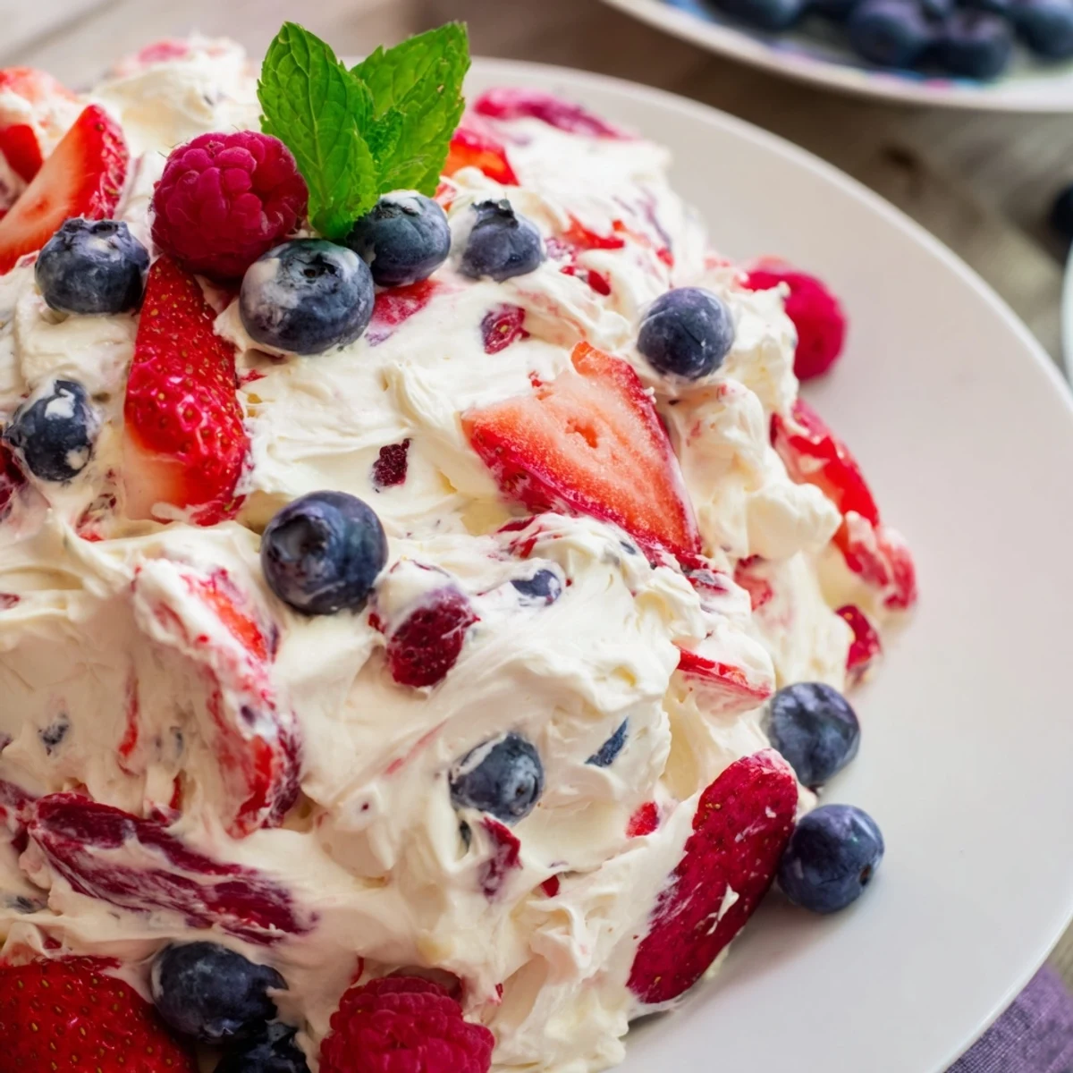 A spoonful of Red White Blue Cheesecake Salad with tart summer berries  
