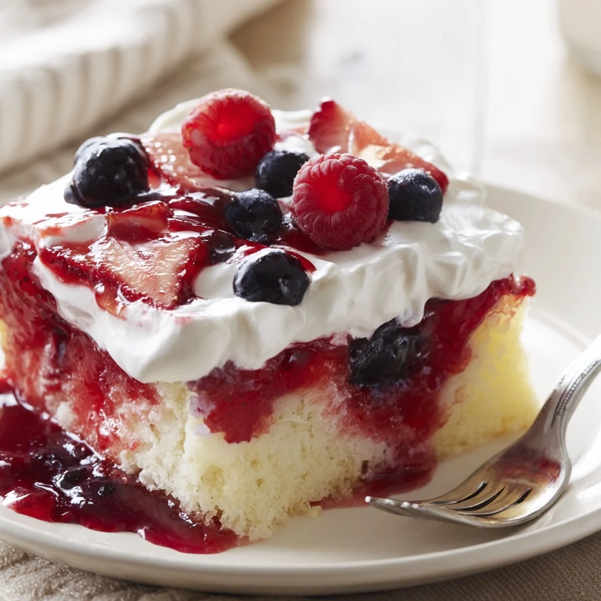 Chilled Summer Berry Poke Cake sliced on a plate, ripe berries bursting