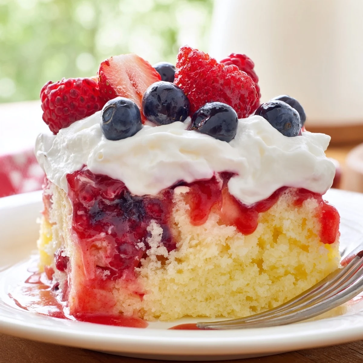 Light vanilla Summer Berry Poke Cake soaked with berry syrup, ready to serve