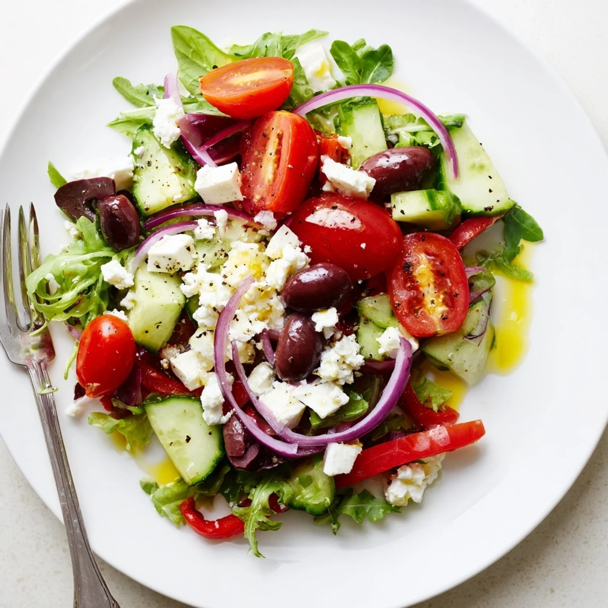 Colorful Fresh Salad Recipe featuring cherry tomatoes, crisp cucumber, lemon dressing