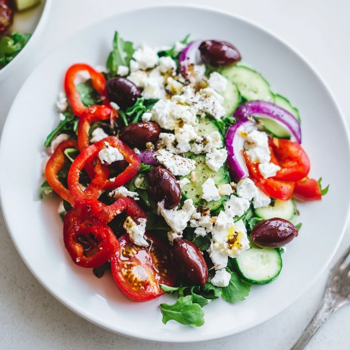 Fresh Salad Recipe in a bowl tossed with peppery arugula, crumbled feta