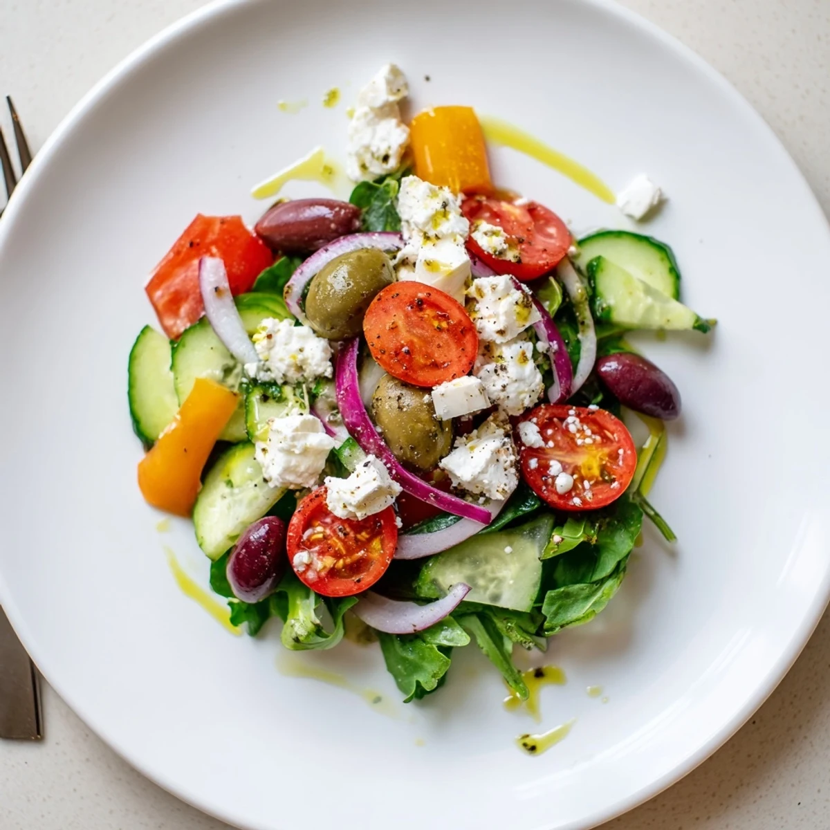 Easy Fresh Salad Recipe served immediately, crunchy bell pepper and red onion