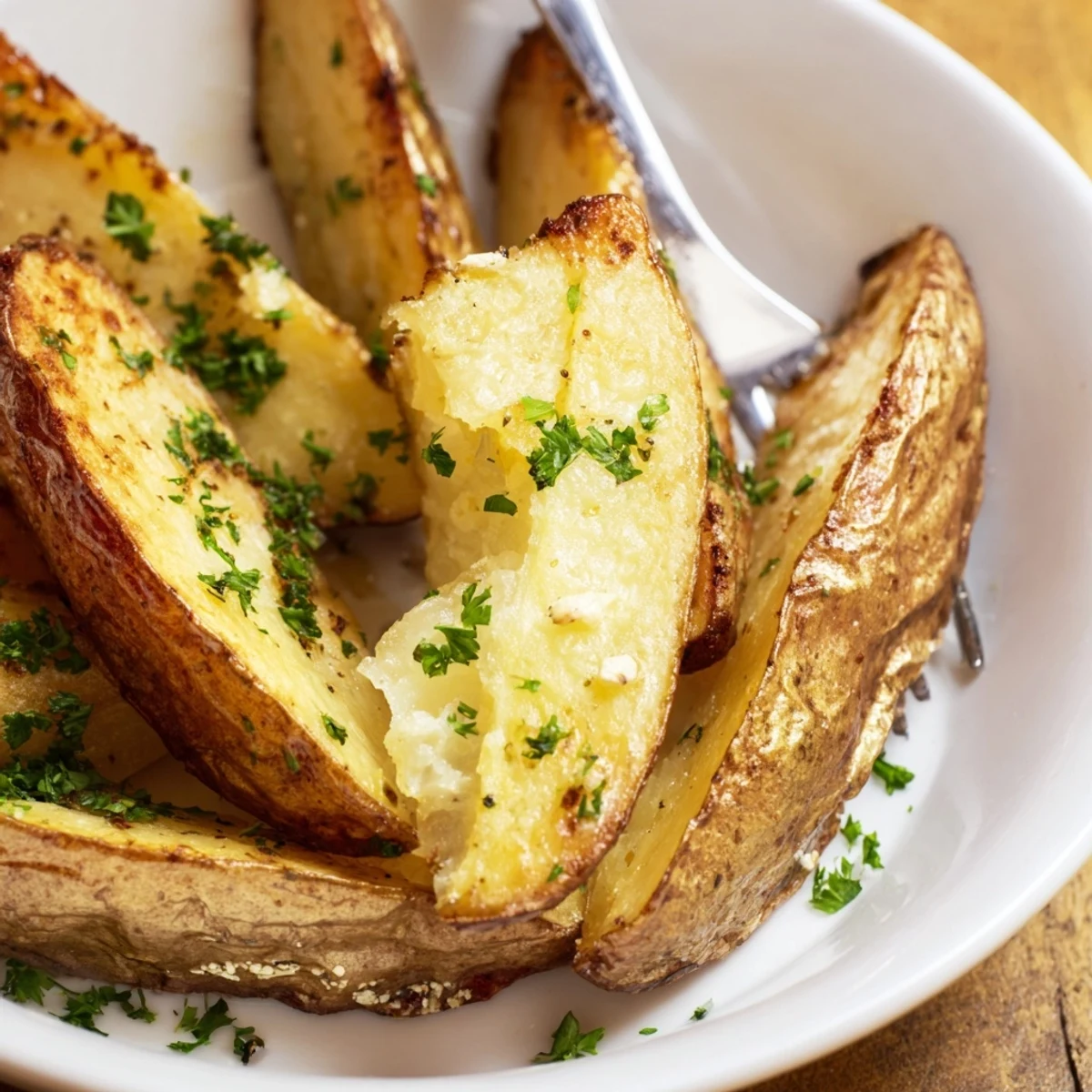 Crispy oven-baked Potato Wedges with golden edges and fluffy interior, parsley.