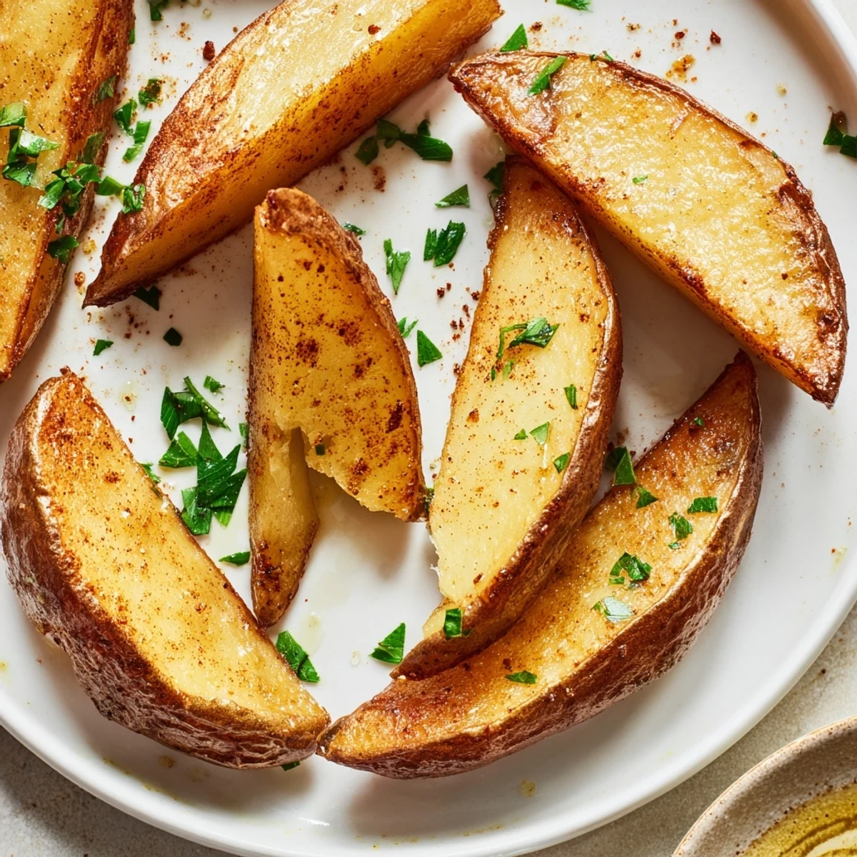 Seasoned Potato Wedges arranged on a baking sheet ready for dipping.