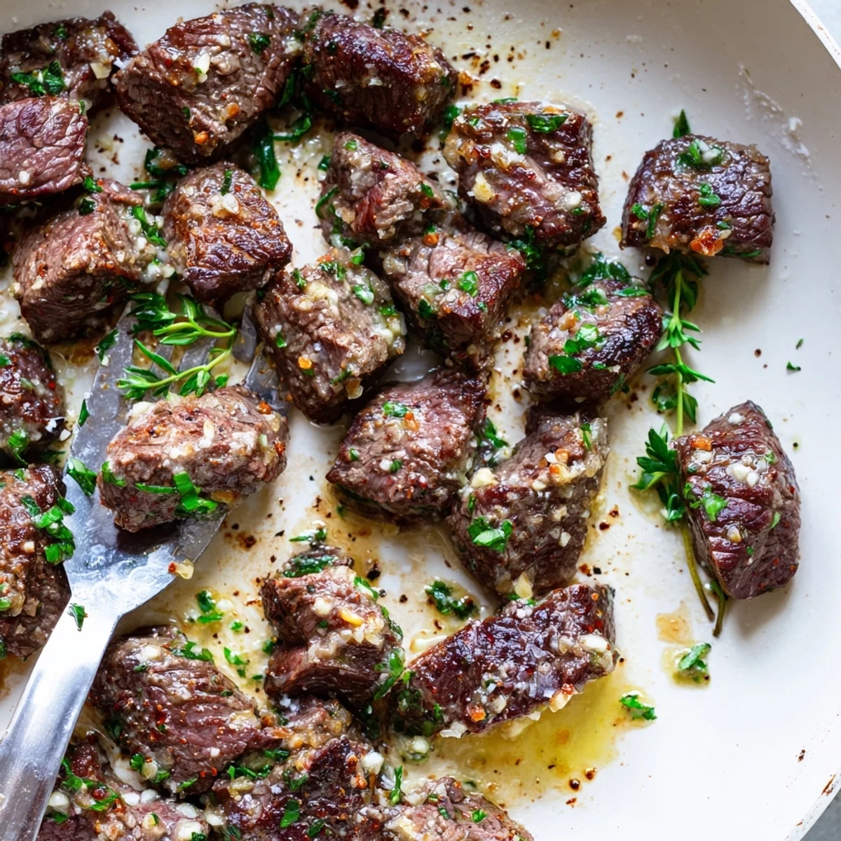 Garlic Butter Steak Bites glistening in butter, seared crust and aromatic garlic
