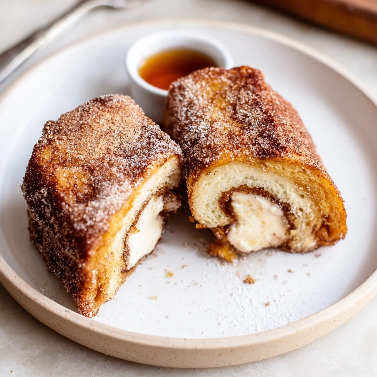 Stacked Cinnamon Roll French Toast Roll Ups on plate, creamy filling oozing