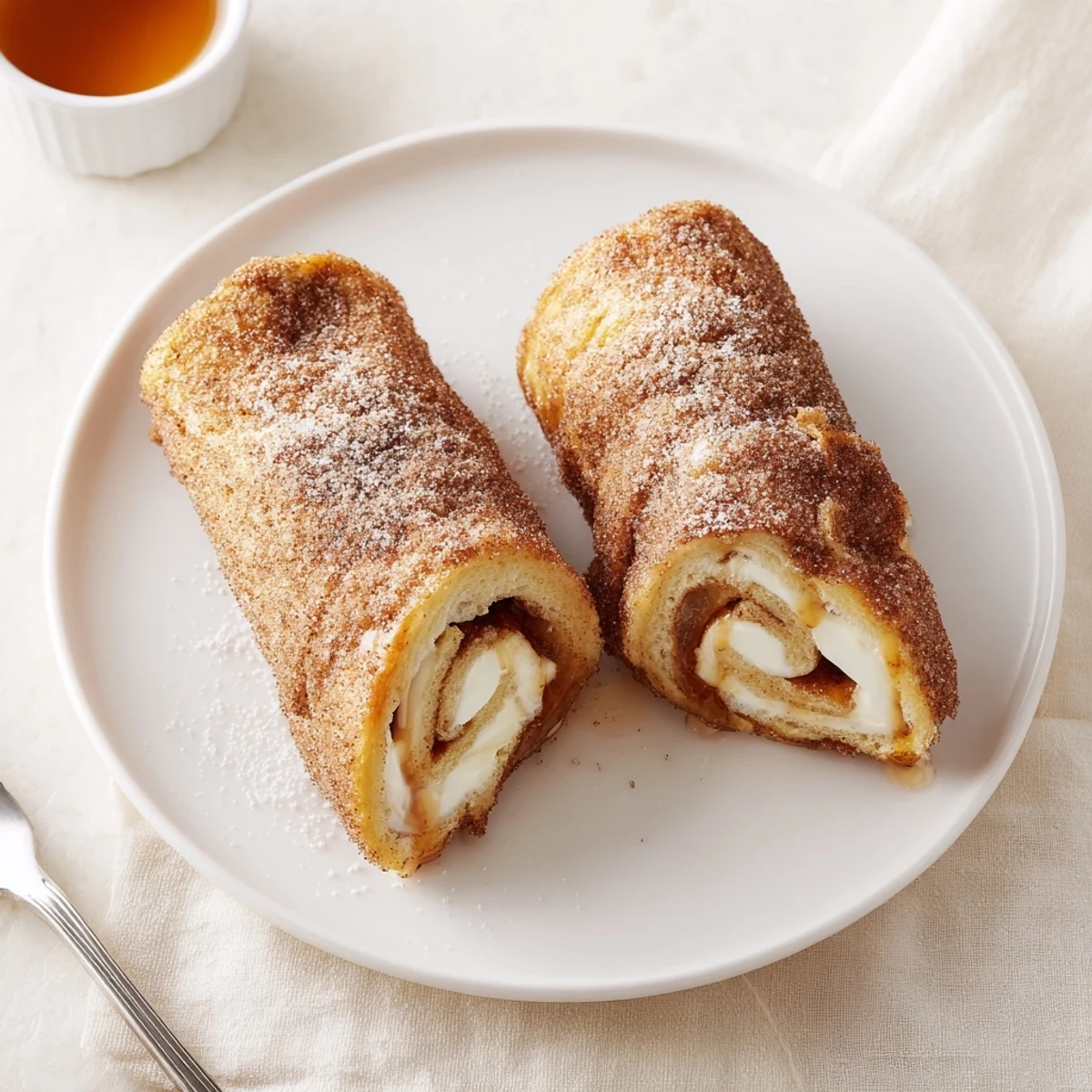 Buttery skillet fried Cinnamon Roll French Toast Roll Ups served with maple syrup